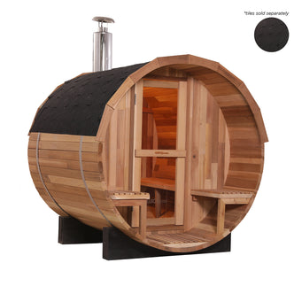 Luola 2-Person Red Cedar Outdoor Barrel Sauna with Wood Stove, showcasing its wooden barrel shape, crafted from Red Cedar, designed for outdoor relaxation and wellness, featuring a wood-burning stove for authentic sauna experiences.