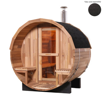 Luola 2-Person Red Cedar Outdoor Barrel Sauna with Wood Stove, showcasing a wooden barrel shape and a close-up of the bench, highlights its cozy, luxurious design for backyard wellness.