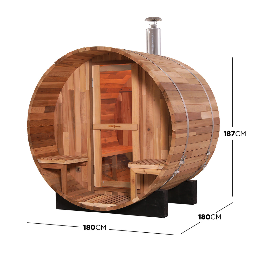Luola 2-Person Red Cedar Outdoor Barrel Sauna with Wood Stove; features a wooden barrel shape, silver cylinder stove, and wooden frame with logo, offering a luxurious backyard wellness retreat.