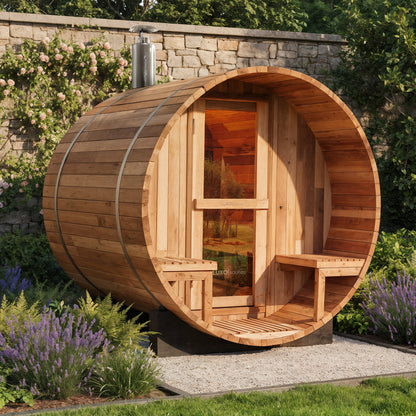 Luola 2 Person Red Cedar Outdoor Barrel Sauna & Wood Stove in a garden setting, featuring light-toned wooden staves, metal bands, glass door, porch benches, and chimney on top.