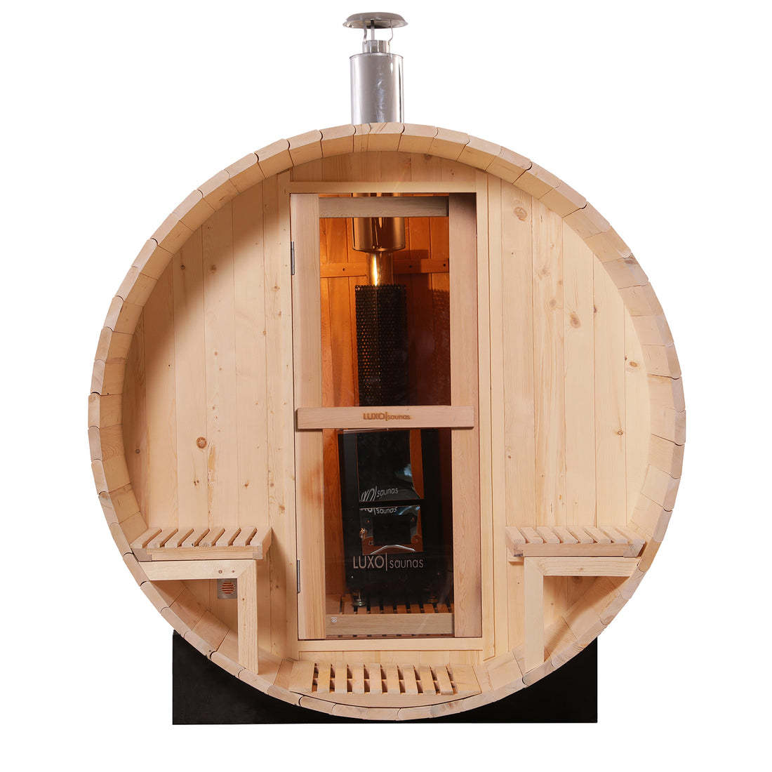 Luola 2 Person Pine Outdoor Barrel Sauna & Wood Stove features a wooden barrel shape, glass-paneled door, interior bench seating, and a stainless-steel chimney for the wood-burning stove, offering traditional sauna relaxation.