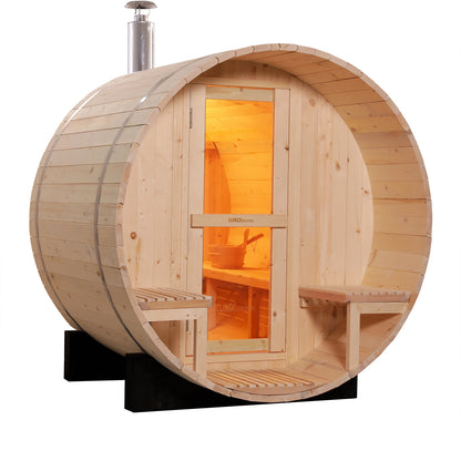 Luola 2 Person Pine Outdoor Barrel Sauna & Wood Stove, featuring a light knotty wood barrel shape, glass-paneled door, stovepipe chimney, and visible interior wooden bucket and ladle.