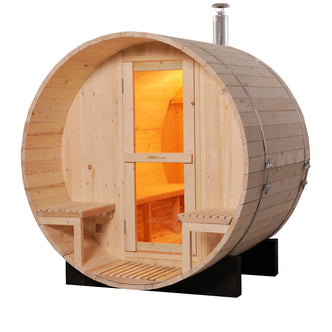 Luola 2 Person Pine Outdoor Barrel Sauna & Wood Stove: Wooden barrel-shaped sauna with interlocking staves, glass door, exterior and interior benches, and a stainless-steel chimney for wood-burning heat.