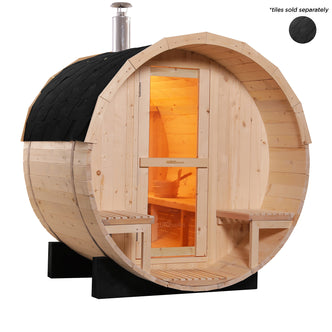 Luola 2 Person Pine Outdoor Barrel Sauna & Wood Stove featuring a light-colored timber barrel shape, full-height glass door, and small benches. Inside, see wood-lined walls and traditional sauna bucket.
