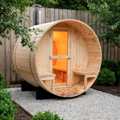 Luola 2 Person Pine Outdoor Barrel Sauna & Wood Stove shown in a backyard on gravel, with a glass-paneled door, warm interior, and wooden benches, enhancing relaxation and wellness.