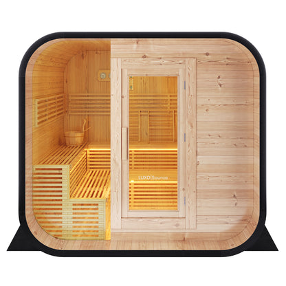 Medika 8 Person Traditional Finnish Outdoor Sauna featuring a wooden exterior with a tempered glass door. Includes a wooden bucket and scoop inside, enhancing the authentic sauna experience.