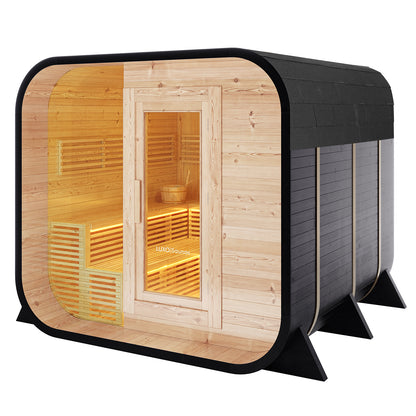 Medika 8 Person Traditional Finnish Outdoor Sauna featuring a wooden bucket with a spoon, and wooden bench, set inside the wooden sauna, ideal for home relaxation and Finnish heat therapy.