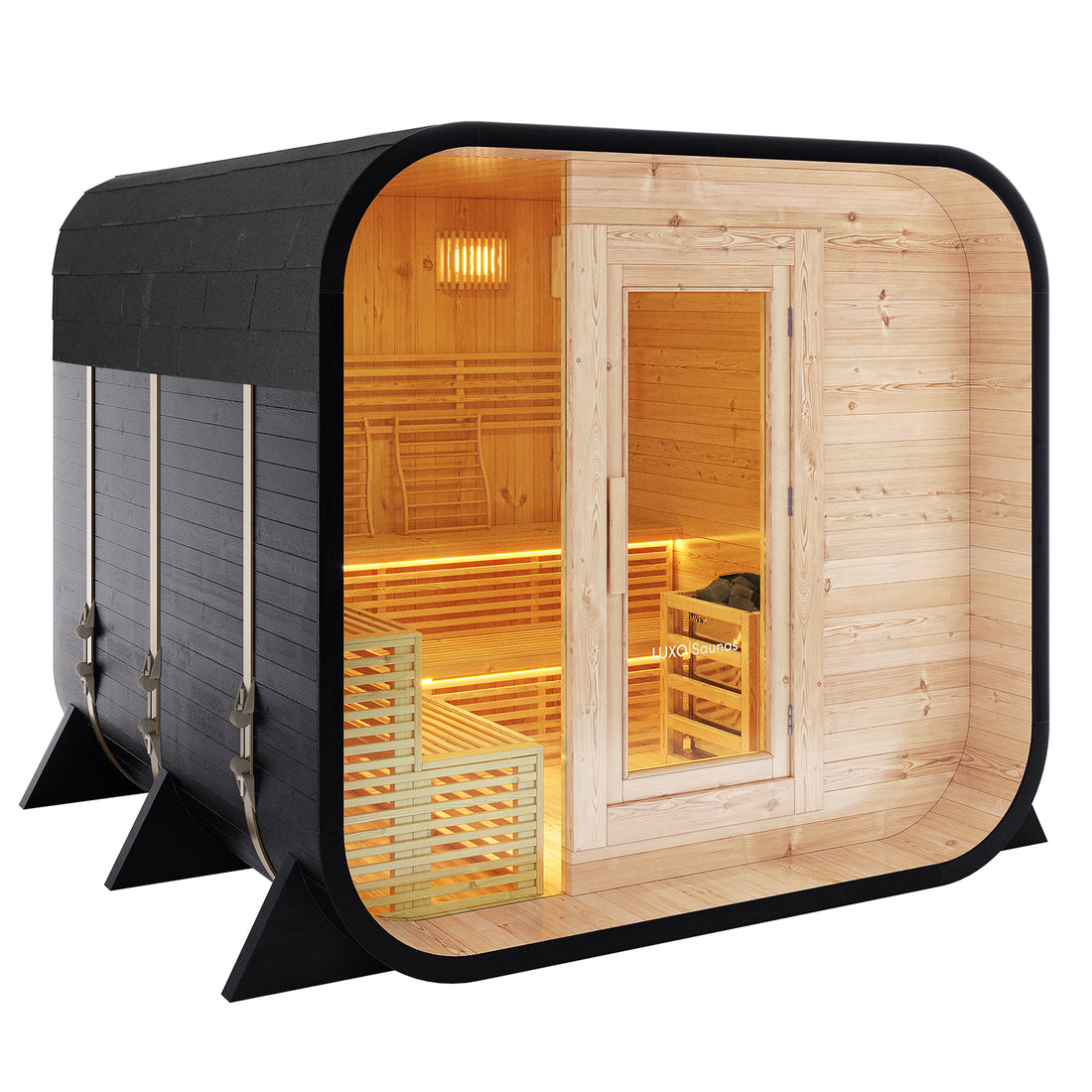 Medika 8 Person Traditional Finnish Outdoor Sauna featuring a wooden bench, slatted window, and glass door, designed for outdoor relaxation and authentic Finnish heat therapy in a spacious setting.