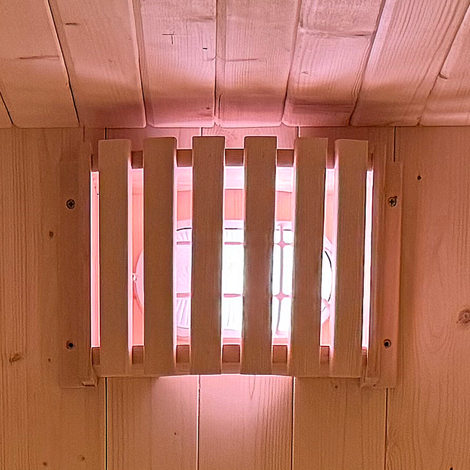 Medika 8 Person Traditional Finnish Outdoor Sauna showcasing close-up wooden panels and slats, emphasizing its robust fir wood construction, designed for outdoor use with a spacious, stylish appearance.