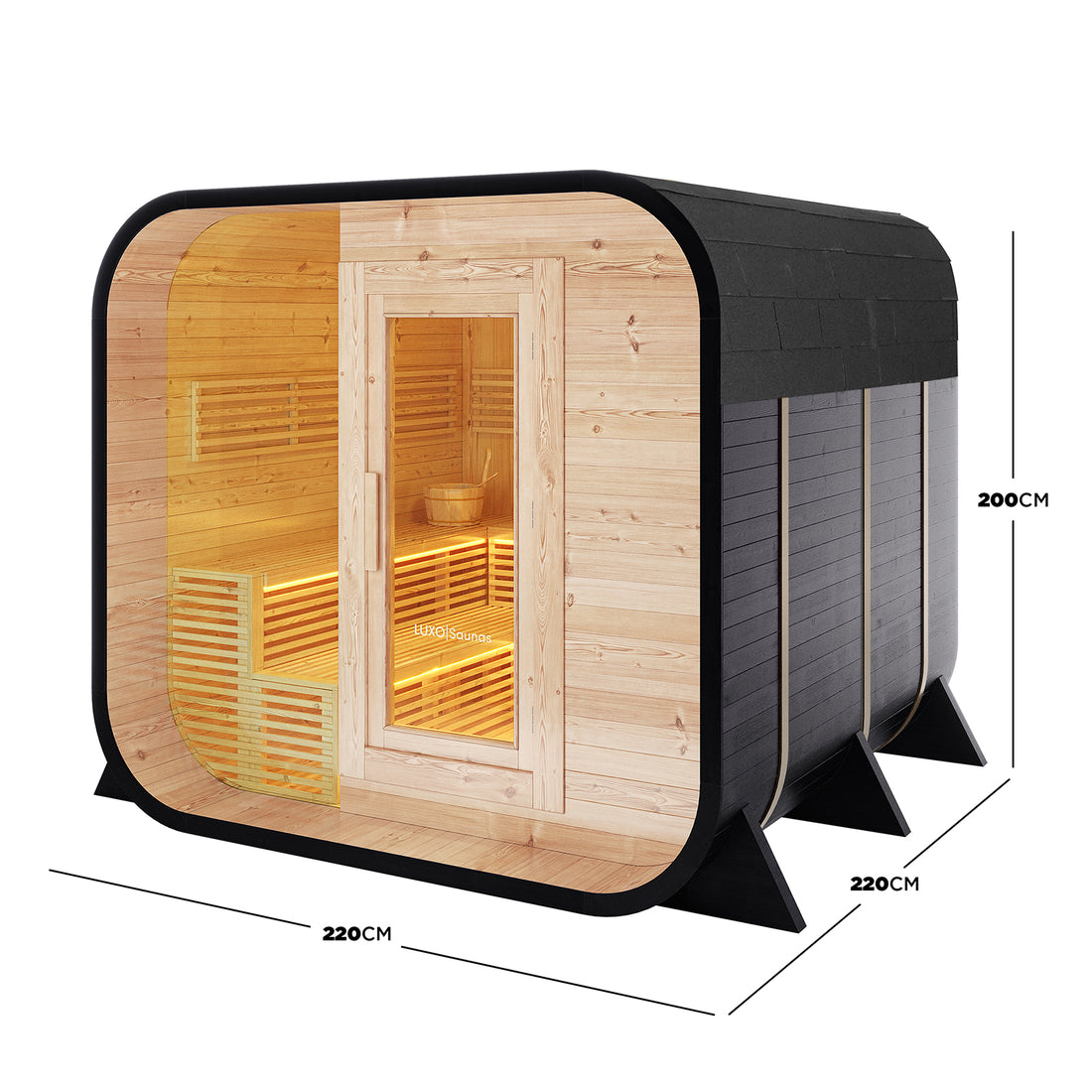 Medika 8 Person Traditional Finnish Outdoor Sauna featuring a wooden structure with a glass door, spacious interior with wooden benches, and a bucket and scoop for authentic sauna experiences.