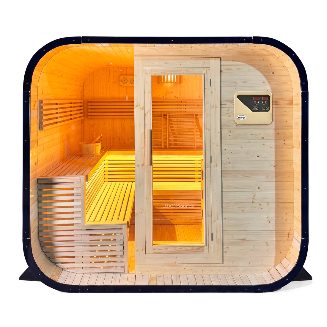 Outdoor barrel sauna with dimensions, glass door and timber interior