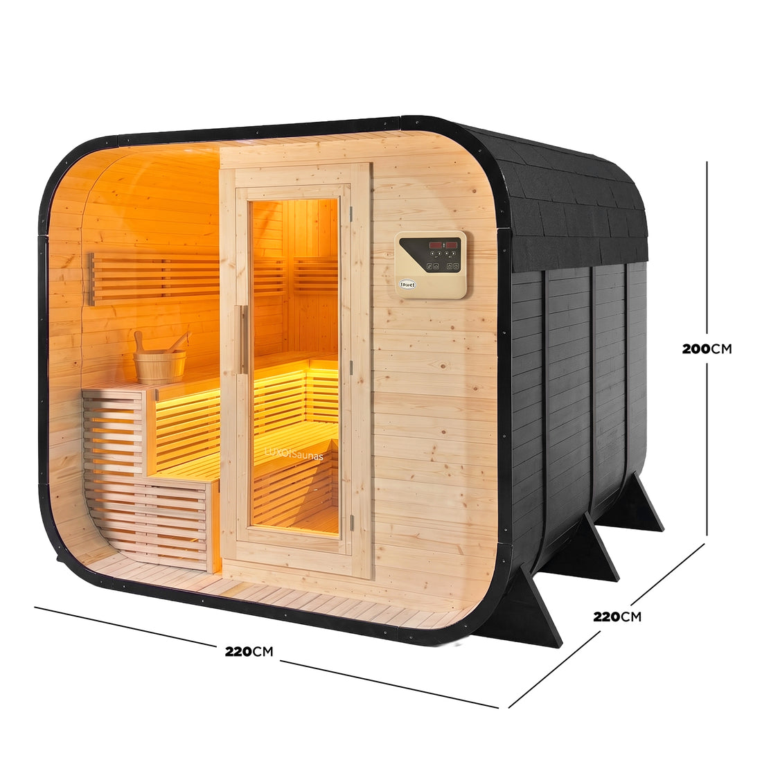 Outdoor barrel sauna with glass door, timber interior and size dimensions