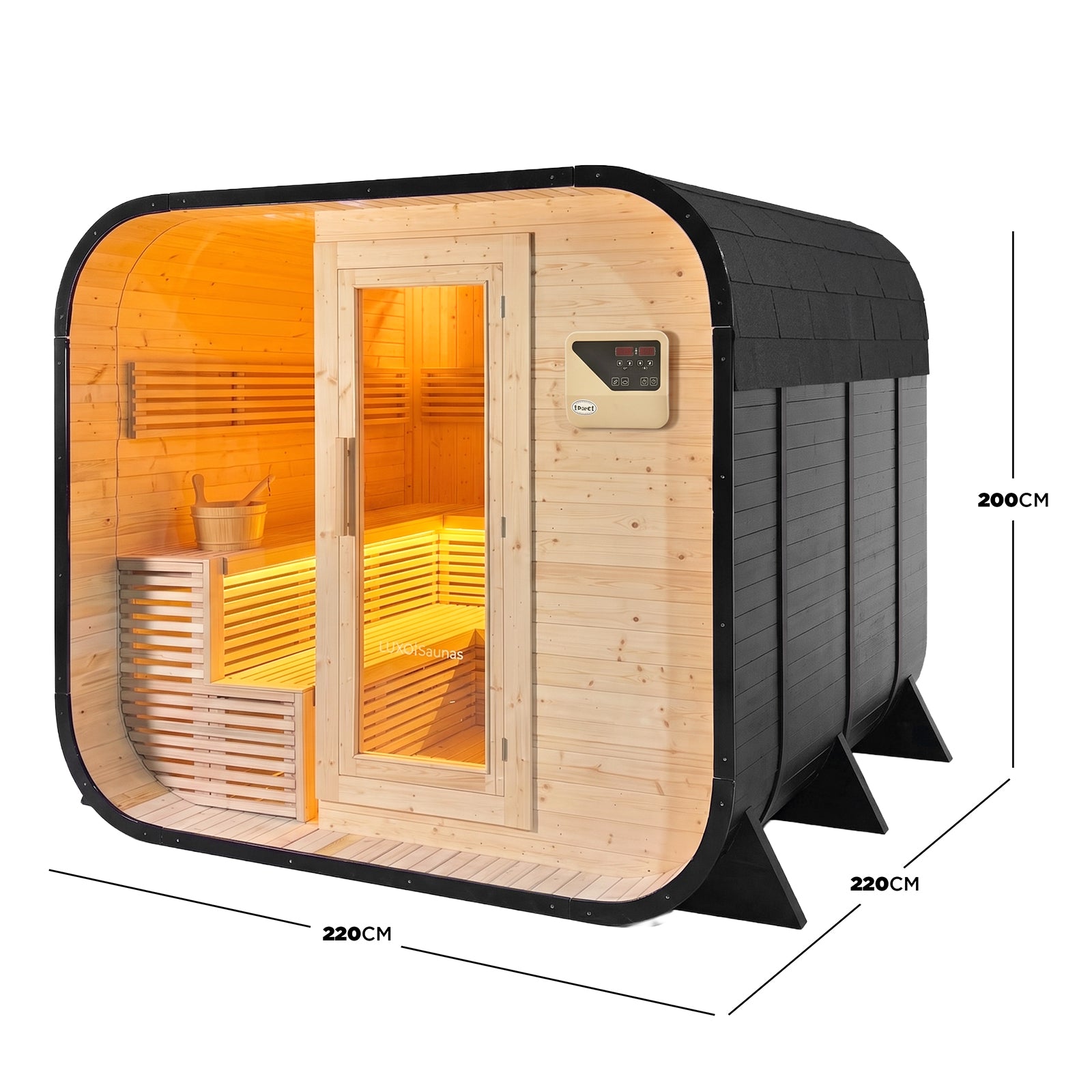 Outdoor barrel sauna with glass door, timber interior and size dimensions