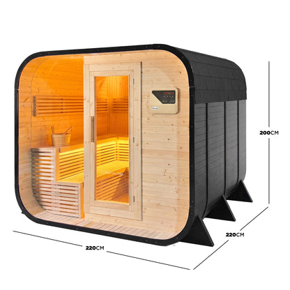 Outdoor barrel sauna with glass door, timber interior and size dimensions