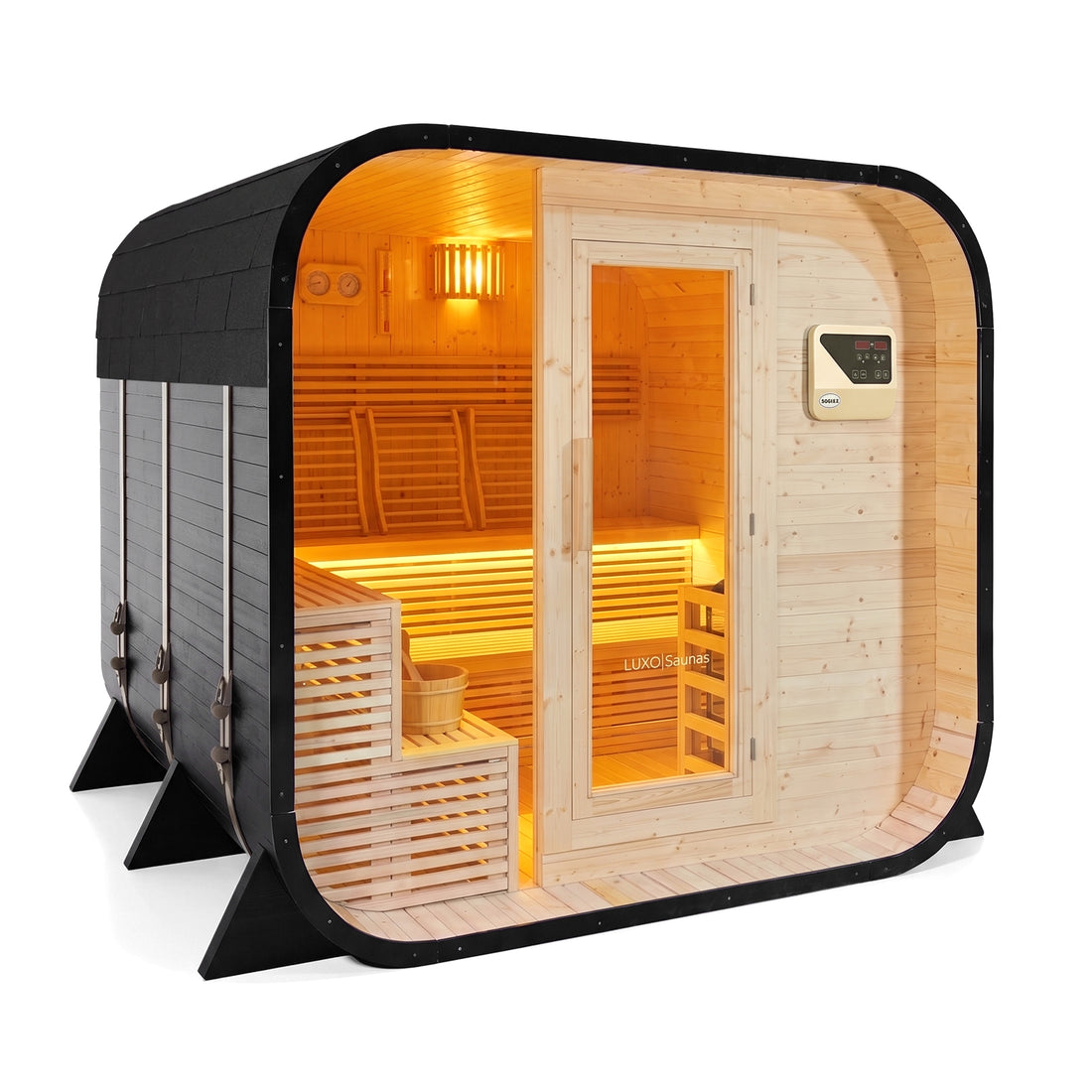 Outdoor barrel sauna with timber interior, glass door and black exterior