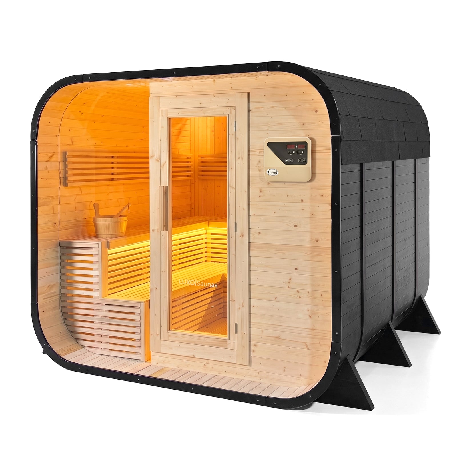 Outdoor barrel sauna with glass door, timber benches and black exterior