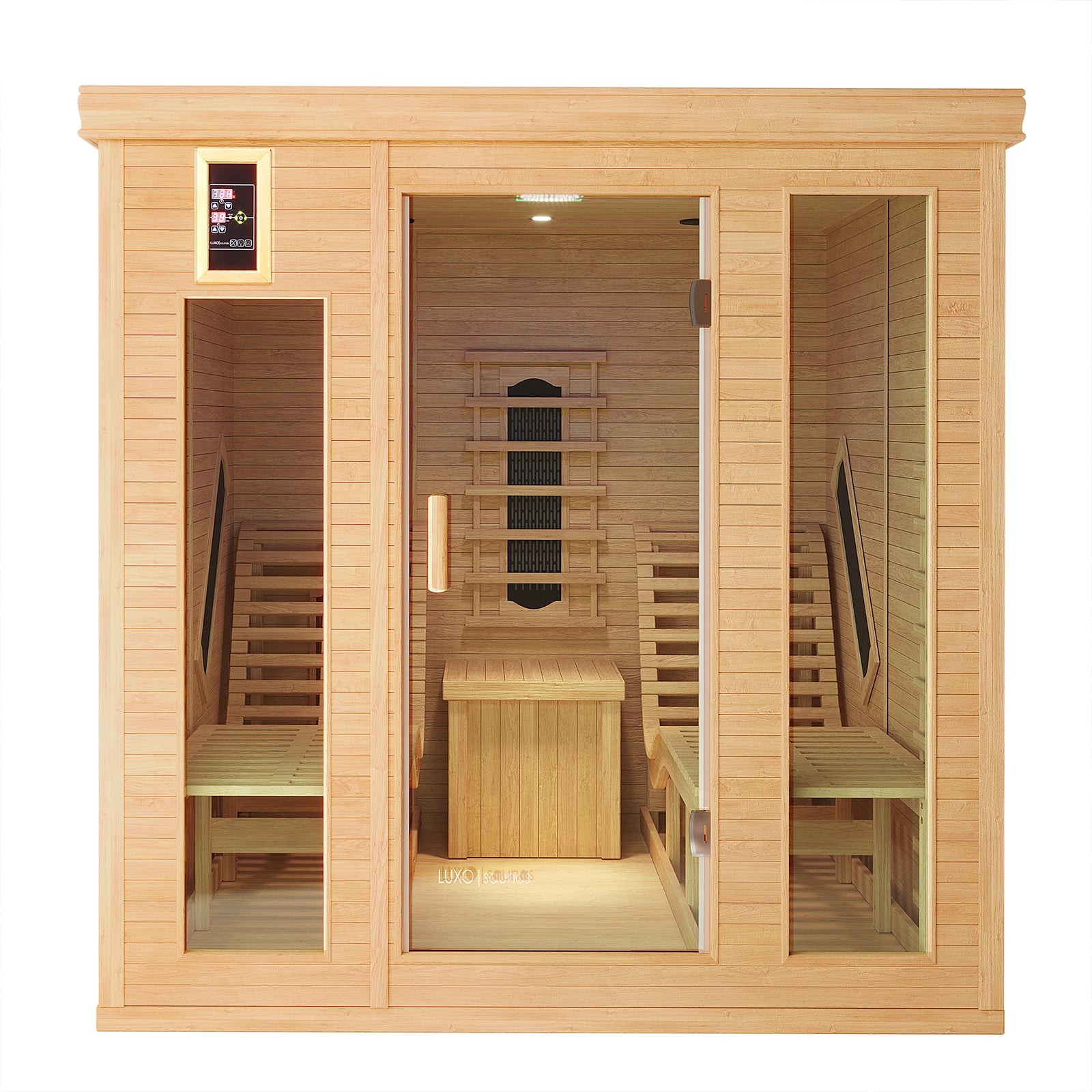 Metsa 3 Person Hybrid Carbon Fibre Infrared Home Sauna with light-wood construction, glass front panels, two wooden benches, infrared heater, central wood-slatted box, and external digital control panel on the left.