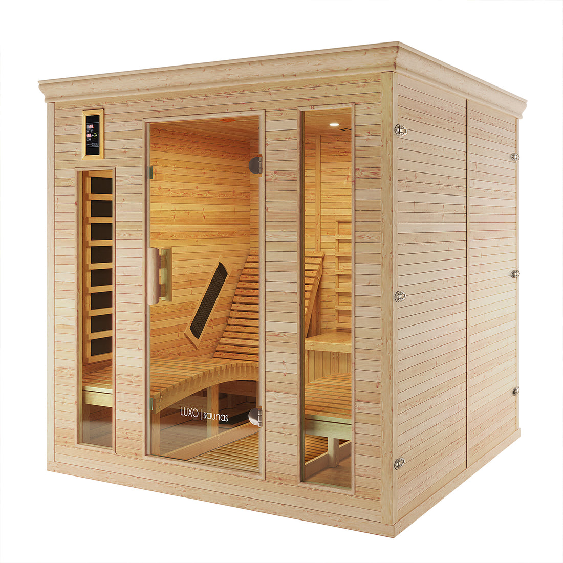 Metsa 3 Person Hybrid Carbon Fibre Infrared Home Sauna features a light-wood cabin with glass front, digital control panel, wood-slatted benches, and visible infrared heating panels inside.
