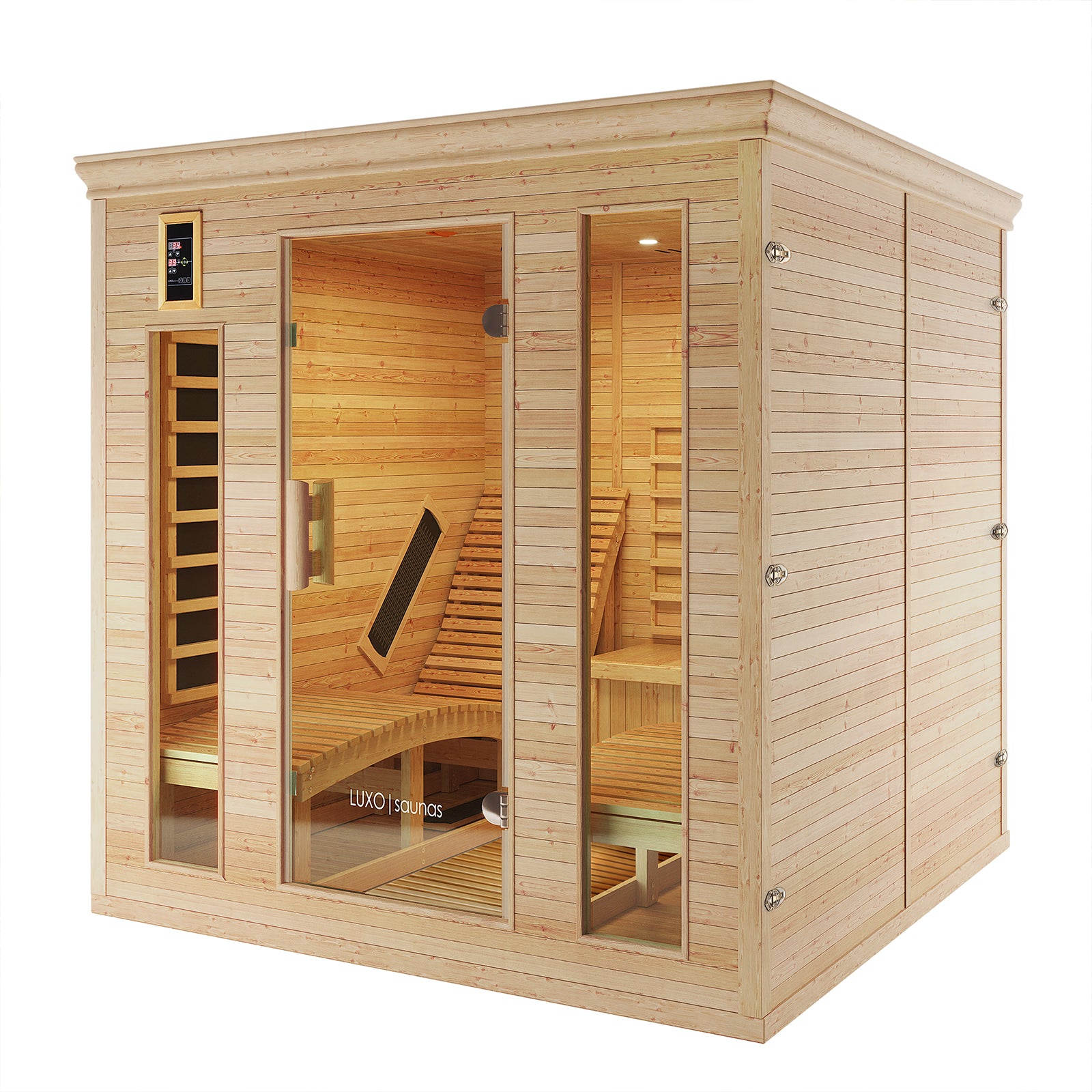 Metsa 3 Person Hybrid Carbon Fibre Infrared Home Sauna features a light-wood cabin with glass front, digital control panel, wood-slatted benches, and visible infrared heating panels inside.
