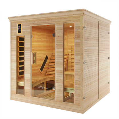 Metsa 3 Person Hybrid Carbon Fibre Infrared Home Sauna features a light-wood cabin with glass front, digital control panel, wood-slatted benches, and visible infrared heating panels inside.