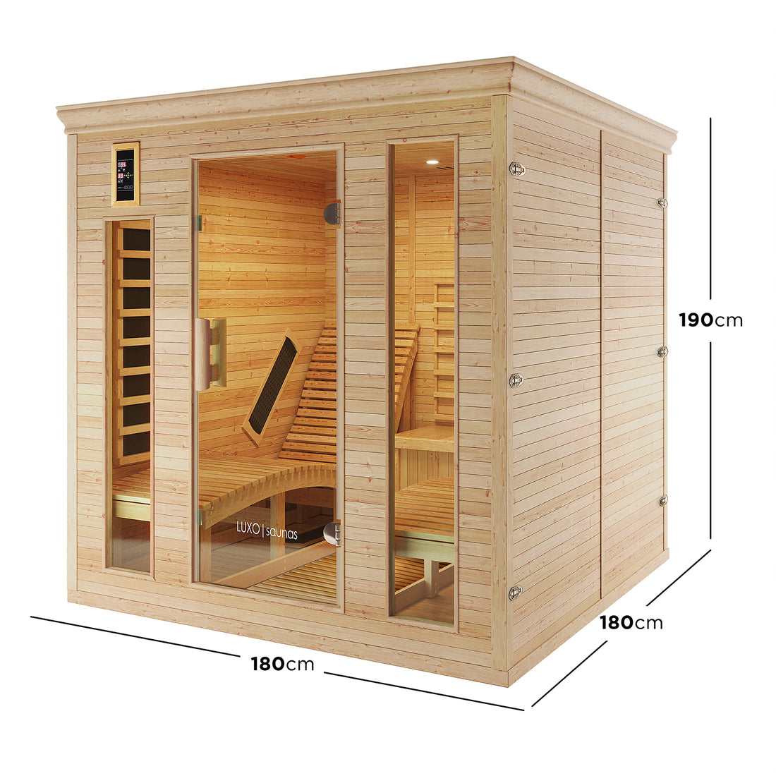 Metsa 3 Person Hybrid Carbon Fibre Infrared Home Sauna with light wood panels, full-glass front door, side-light panels, curved bench, integrated infrared heating panels, LED ceiling light, and external digital control module.