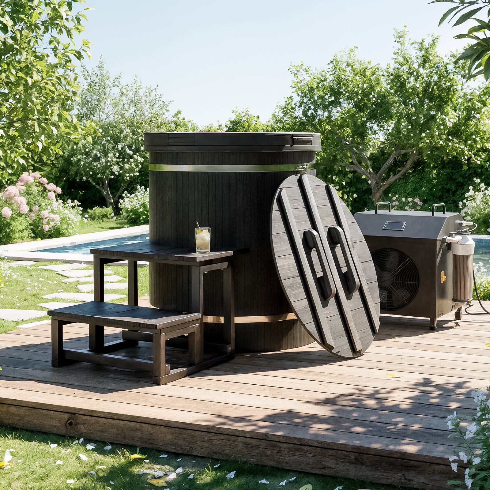 Noni 1-Person Outdoor Ice Bath with 1HP Chiller in Black is a round, dark-stained wooden hot tub. It features a matching cover, small bench, side table with a cold drink, and a compact chiller unit.