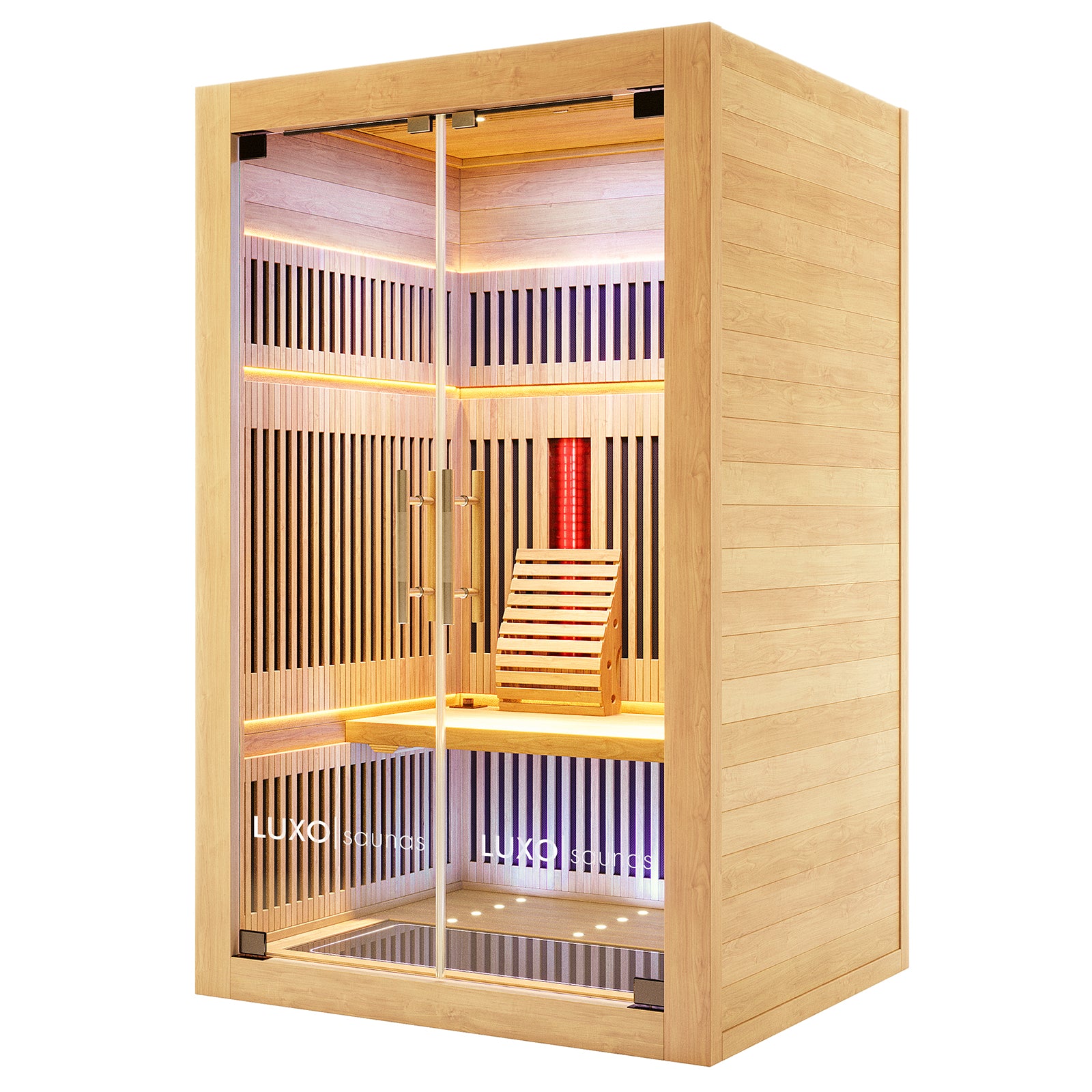 Runko 2 Person Canadian Hemlock Carbon Fibre Infrared Sauna featuring glass doors and wooden panels, shown in detailed close-ups of the wood panel and table, highlighting its indoor craftsmanship.