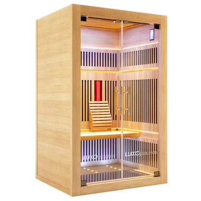 Close-up of the Runko 2 Person Canadian Hemlock Carbon Fibre Infrared Sauna, showcasing its wooden design with glass doors, highlighting the indoor shelf and intricate light details within the sauna's structure.