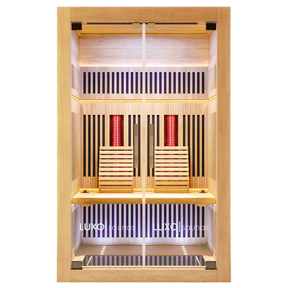 Runko 2 Person Canadian Hemlock Carbon Fibre Infrared Sauna, featuring a sleek wooden slat design on the walls and a compact structure incorporating red and blue striped accents, perfect for indoor relaxation.