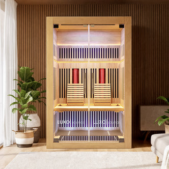 Runko 2 Person Full Spectrum Infrared Sauna with Floor Heaters featuring light wood panels, a glass front door, wooden bench, infrared heating panels, LED lighting, and a digital control panel inside a spa-like room.