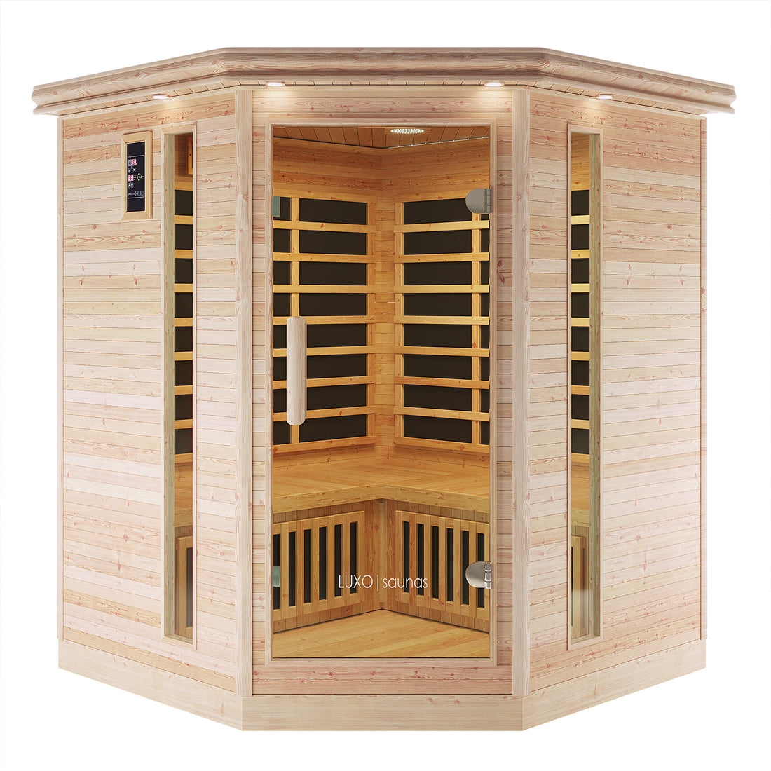 Taavi 4 Person Corner Carbon Fibre Far Infrared Home Sauna featuring a light-wood cabin, glass door, tiered seating, infrared heating panels, and overhead lights, ideal for home relaxation and wellness.