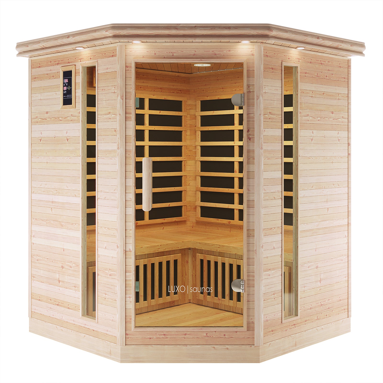 Taavi 4 Person Corner Carbon Fibre Far Infrared Home Sauna featuring a light-wood cabin, glass door, tiered seating, infrared heating panels, and overhead lights, ideal for home relaxation and wellness.