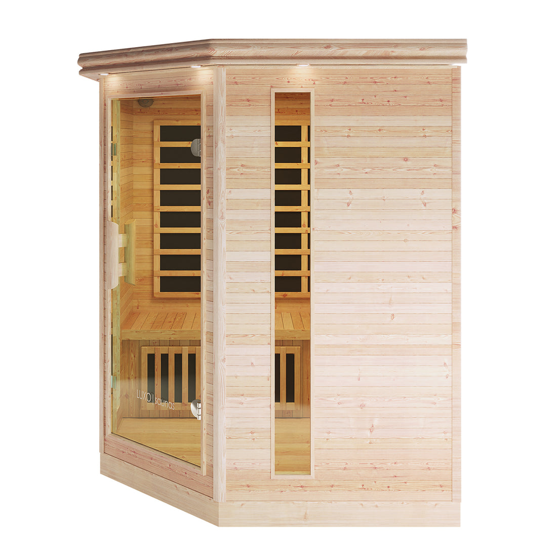 Taavi 4 Person Corner Carbon Fibre Far Infrared Home Sauna showing light-colored wood cabin with glass front, visible bench seating, and vertical black carbon fibre infrared heating elements inside.