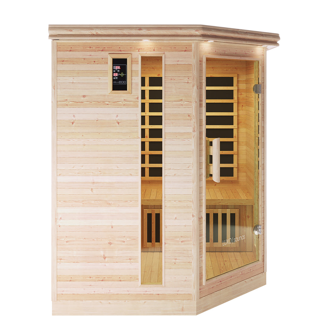 Taavi 4 Person Corner Carbon Fibre Far Infrared Home Sauna with hexagonal design features light-wood walls, narrow glass windows, a glass door, digital control panel, wooden benches, and black infrared heater panels inside.