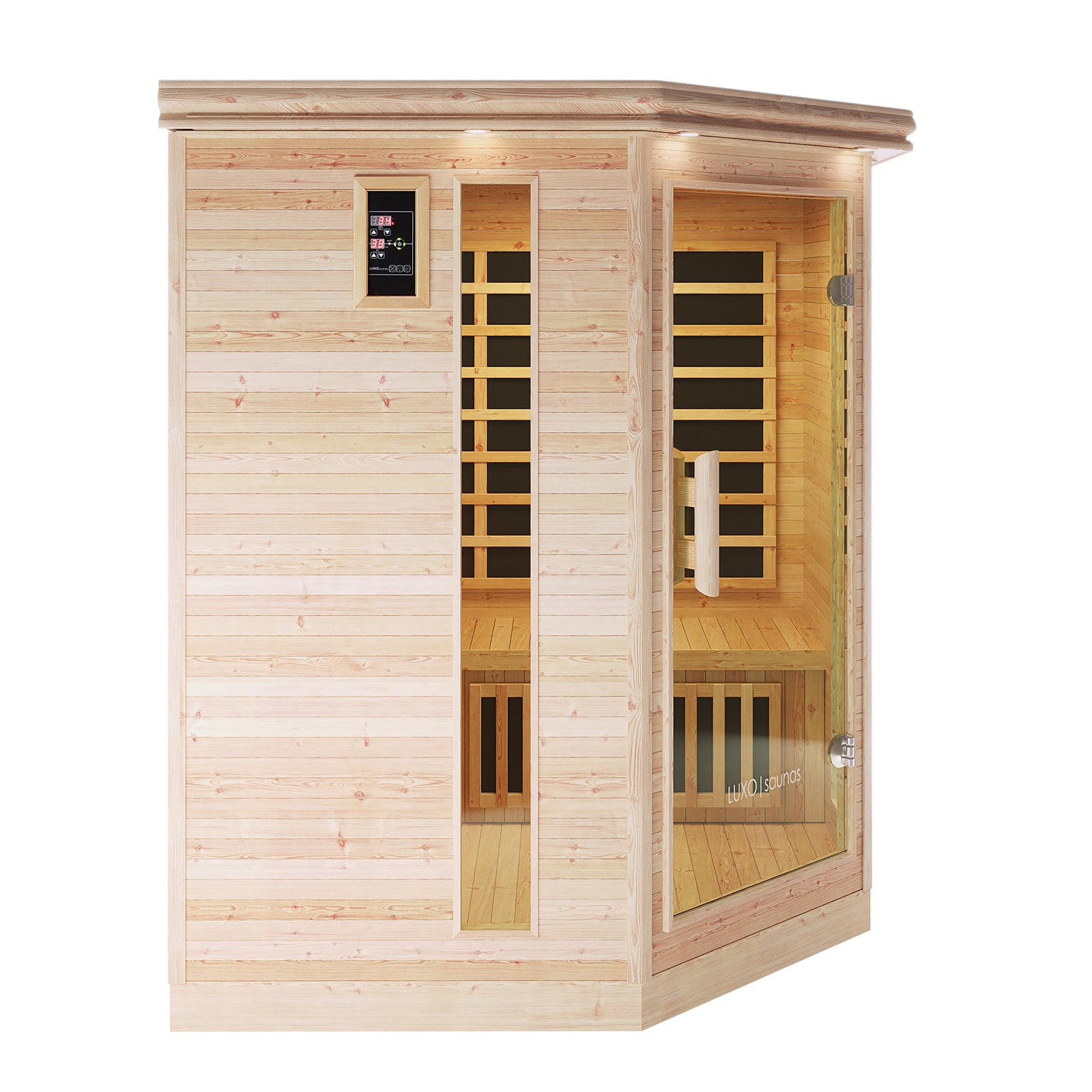 Taavi 4 Person Corner Carbon Fibre Far Infrared Home Sauna with hexagonal design features light-wood walls, narrow glass windows, a glass door, digital control panel, wooden benches, and black infrared heater panels inside.