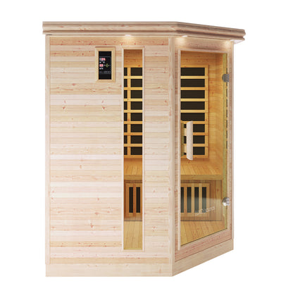 Taavi 4 Person Corner Carbon Fibre Far Infrared Home Sauna with hexagonal design features light-wood walls, narrow glass windows, a glass door, digital control panel, wooden benches, and black infrared heater panels inside.