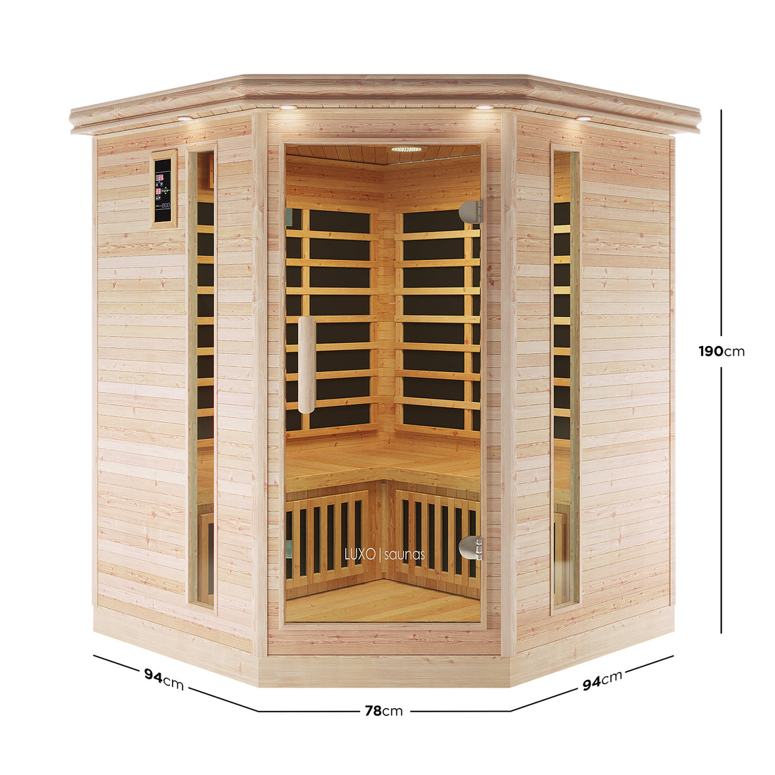 Taavi 4 Person Corner Carbon Fibre Far Infrared Home Sauna features natural wood panels, glass door, side windows, built-in bench seating, infrared heating elements, LED downlights, and digital control panel.