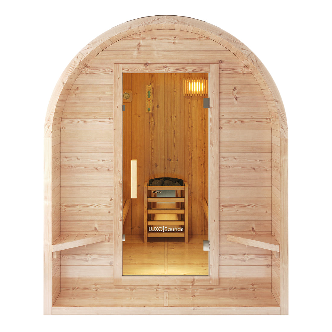 Tarni 2-Person Finnish Outdoor Sauna – Fir Wood features a rounded half-cylinder design, glass front door, interior benches, Davey heater, and certified AS/NZS 60335 for safety.