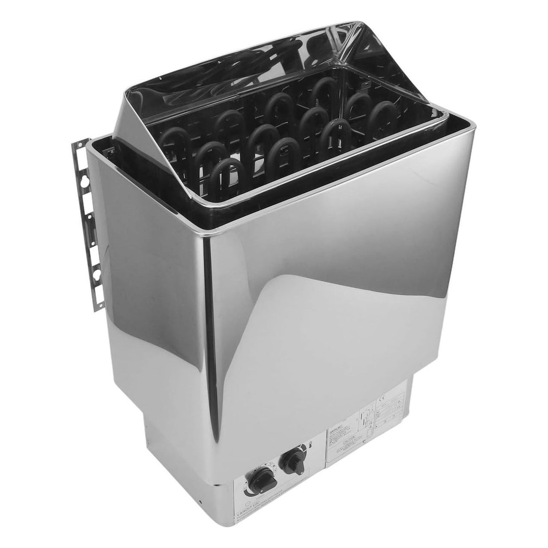 Stainless-steel, wall-mounted electric sauna heater unit with internal heating coils and control knobs, part of the Tarni 2-Person Finnish Outdoor Sauna – Fir Wood.