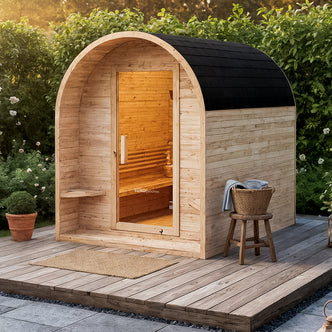 Tarni 4 Person Traditional Finnish Outdoor Sauna with arched roof on a deck, featuring a glass-paneled door, wooden benches, stool with basket, towel, and surrounded by lush greenery.