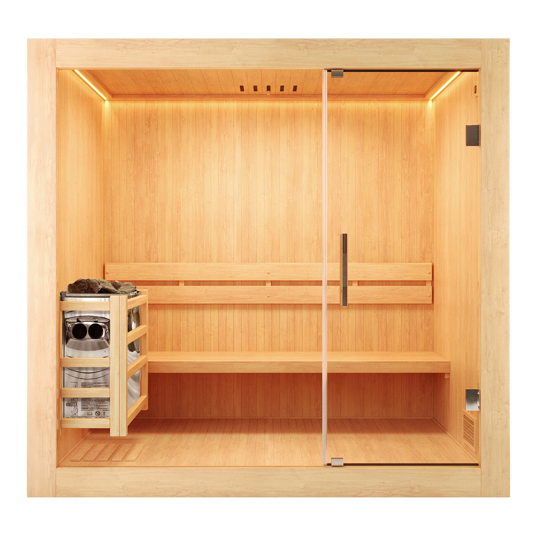 Tarve 3 Person Canadian Hemlock Sauna with Harvia Stove, featuring a wooden bench and glass doors, showcasing its sleek indoor cabinetry design suitable for relaxation and rejuvenation.