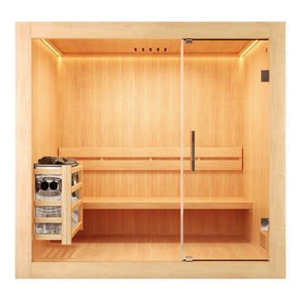 Tarve 3 Person Canadian Hemlock Sauna with Harvia Stove, featuring a wooden bench and glass doors, showcasing its sleek indoor cabinetry design suitable for relaxation and rejuvenation.