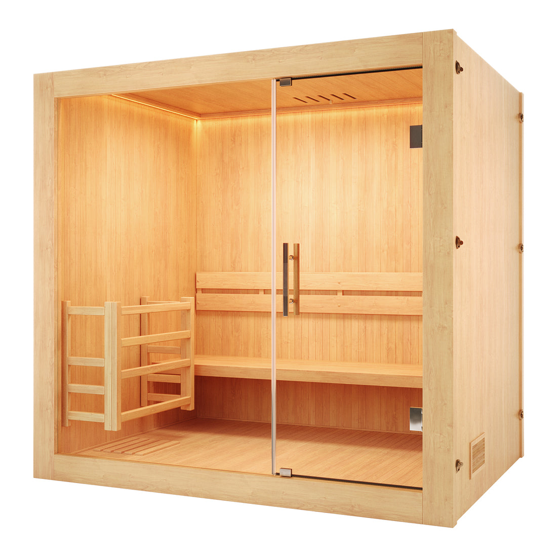 Tarve 3 Person Canadian Hemlock Sauna with Harvia Stove featuring glass doors and a wooden bench, showcasing a sleek indoor design with wooden walls and a functional layout.