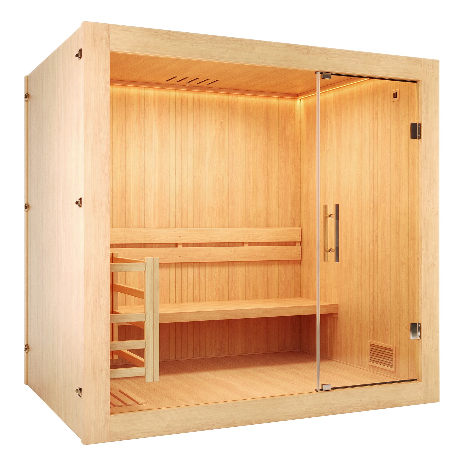 Tarve 3 Person Canadian Hemlock Sauna with Harvia Stove, featuring a sleek wooden design, glass doors, and sturdy plywood construction, highlighted in close-ups of its wooden shelf and door.