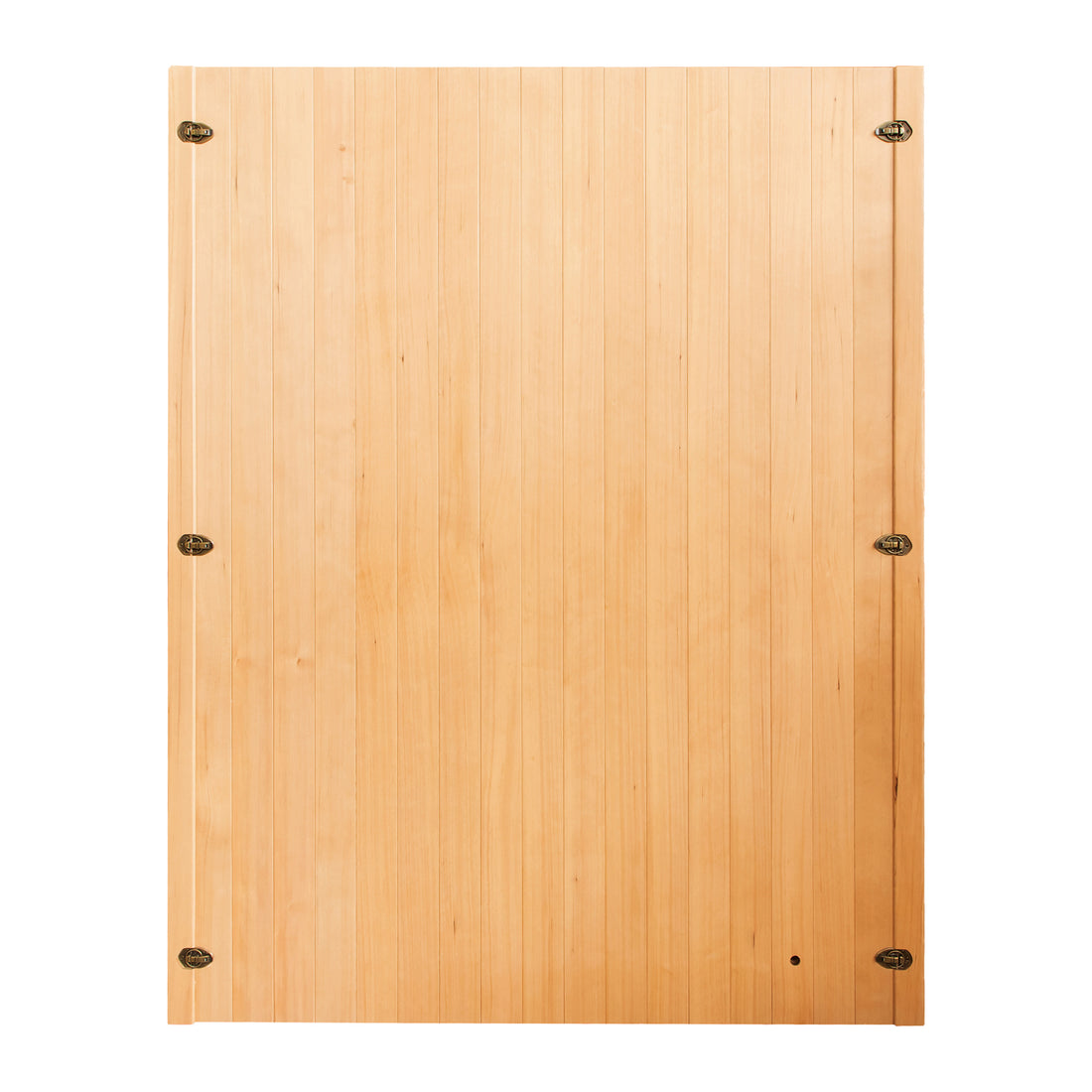 Close-up of the Tarve 3 Person Canadian Hemlock Sauna with Harvia Stove, showcasing a wooden door panel with metal hinges, emphasizing its quality craftsmanship and sturdy construction.