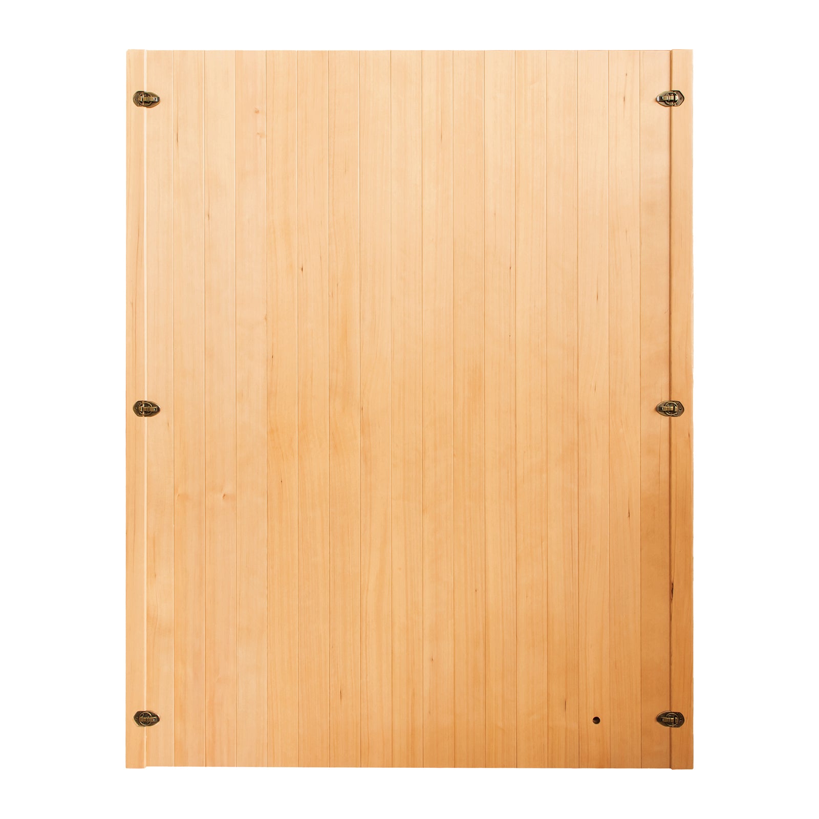 Close-up of the Tarve 3 Person Canadian Hemlock Sauna with Harvia Stove, showcasing a wooden door panel with metal hinges, emphasizing its quality craftsmanship and sturdy construction.