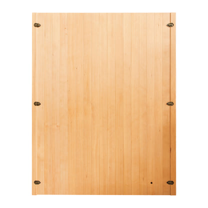 Close-up of the Tarve 3 Person Canadian Hemlock Sauna with Harvia Stove, showcasing a wooden door panel with metal hinges, emphasizing its quality craftsmanship and sturdy construction.