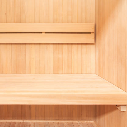 Tarve 3 Person Canadian Hemlock Sauna with Harvia Stove, featuring a wooden bench, close-up of a wood door, and detailed wood paneling, highlighting the quality craftsmanship of the sauna's hardwood construction.