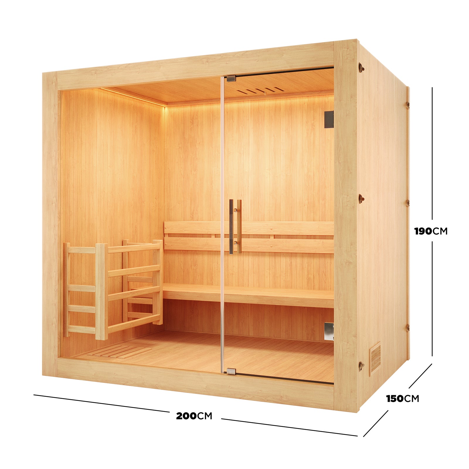 Tarve 3 Person Canadian Hemlock Sauna with Harvia Stove features sleek glass doors, a wooden structure, and plywood walls, designed for indoor use, resembling a refined wooden cupboard.