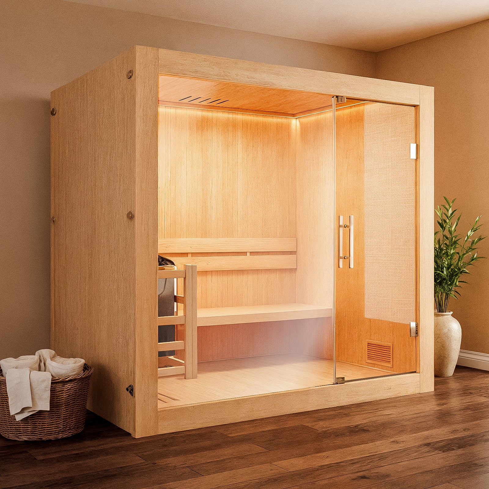 Tarve 3-Person Finnish Indoor Home Sauna with Harvia Stove features a light wood frame, glass door, built-in bench, heater with stones, surrounded by plants and minimalist decor in a calm setting.